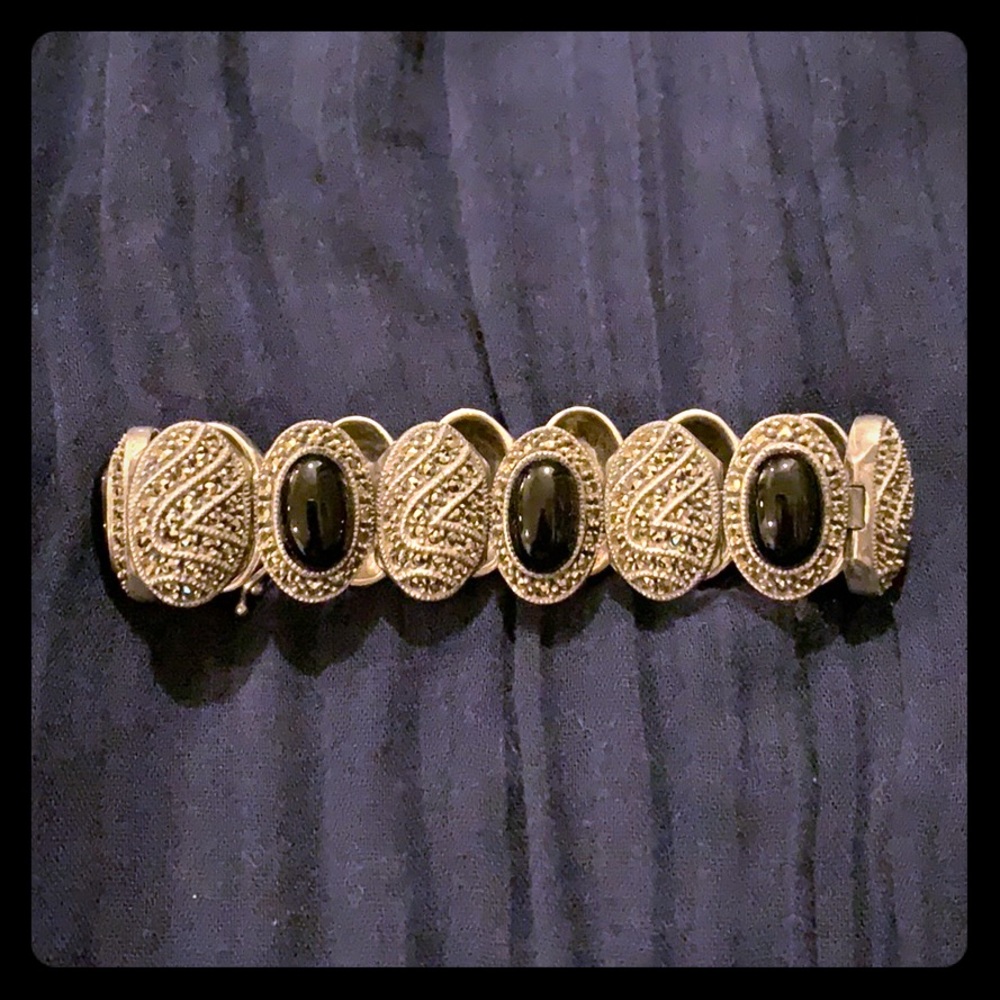 Marcasite and black glass bead bracelet